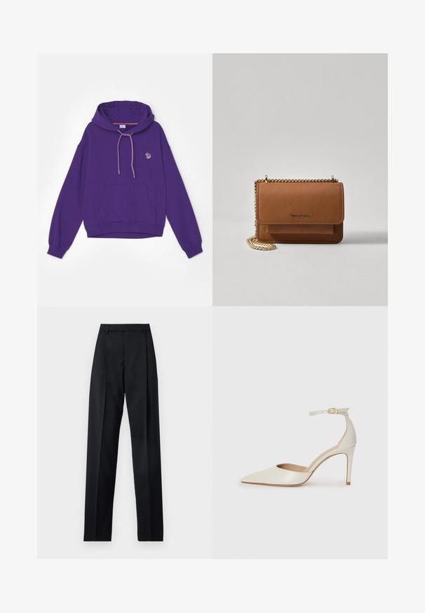 PS Paul Smith HOODY - Sweatshirt com capuz - purple; Calças pretas feitas de um tecido suave, com uma cintura alta, pernas largas, pregas frontais e passadores de cinto clássicos. Não há bolsos laterais visíveis.; Sapato de salto alto em pele branca com biqueira pontiaguda, faixa no tornozelo e um salto fino de stiletto. Textura suave com um leve acabamento brilhante.; Bolsa crossbody de couro texturizado castanho com alça de corrente dourada e fecho com aba. A parte da frente apresenta detalhe do logótipo e um bolso sob a aba.