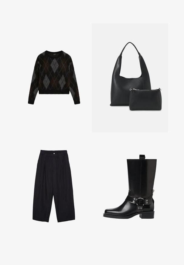 Czarny i szary sweter w wzór argyle, wykonany z miękkiego materiału, z okrągłym dekoltem i krótkim krojem, prezentujący puszystą teksturę.; Czarne spodnie culotte z poliestru z elastycznym pasem, dwoma fałdami z przodu i luźnym krojem. Brak widocznych wzorów lub elementów metalowych.; Czarne skórzane buty za kolano z wydłużonym noskiem, srebrnymi akcentami w postaci klamr oraz masywnym obcasem. Posiadają pętelkę umożliwiającą łatwe zakładanie.; Even&Odd - Torebka