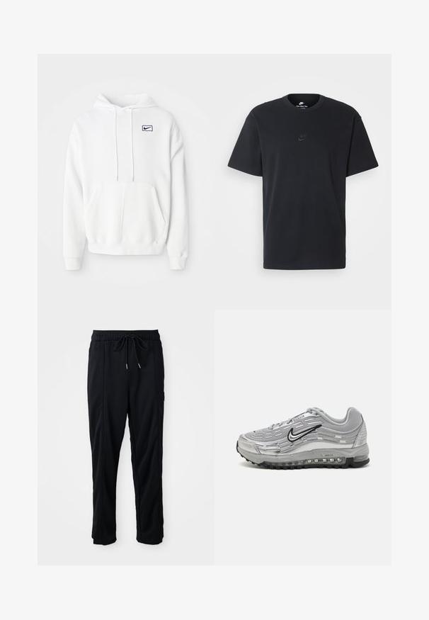 Hoodie branco feito de um tecido com uma textura suave. Apresenta um bolso frontal, cordões e um pequeno logótipo azul da Nike no peito.; T-shirt de algodão preto da Nike com um clássico decote redondo, mangas curtas e um logótipo em relevo discreto no peito. Textura suave.; Calças casuais pretas com cordão na cintura, com bolsos laterais e corte reto, sobre um fundo simples.; Sapatilhas Nike Air Max cinzas com um upper em malha e sintético, design em forma de onda, acentos em preto e uma unidade de amortecimento de ar visível.