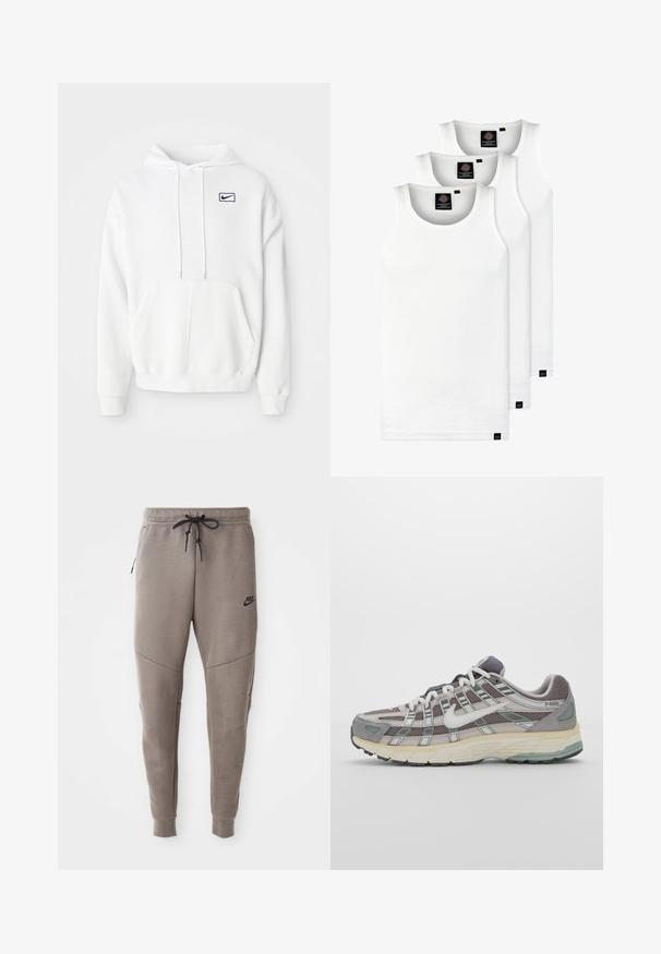 White hoodie made of fabric with a soft texture. Features a front pocket, drawstrings, and a small blue Nike logo on the chest.; Three white ribbed tank tops made of cotton. Features a crew neck and small black labels near the hem. Available in multiple sizes.; Gray Nike sweatpants with a drawstring waistband, tapered legs, side pockets, and distinct seam detailing. Soft, textured fabric.; Gray athletic shoe featuring a mesh and suede upper, white accents, a cushioned sole, and a distinctive design with reflective elements.