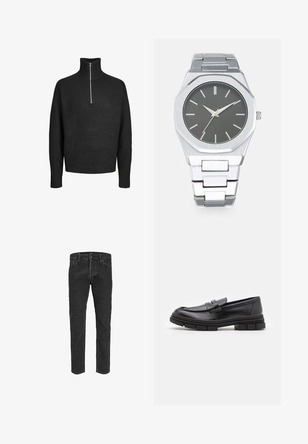 Czarny sweter dzianinowy z wysokim kołnierzem i zamkiem błyskawicznym do połowy. Posiada prążkowane mankiety i dół, wykonany z miękkiego, teksturowanego materiału.; Czarne dżinsy o prostym kroju nogawki, z pięcioma kieszeniami i przeszyciami na pasek, charakteryzujące się lekko przetartą fakturą i kontrastowym przeszyciem.; Czarne skórzane mokasyny o gładkim wykończeniu, z paskiem na przodzie i masywną gumową podeszwą z rowkowaniem.; Srebrny zegarek analogowy z ośmiokątną kopertą, szarym cyferblatem, srebrnymi znacznikami godzinowymi oraz bransoletą z ogniw ze stali nierdzewnej. Minimalistyczny design o gładkiej fakturze.