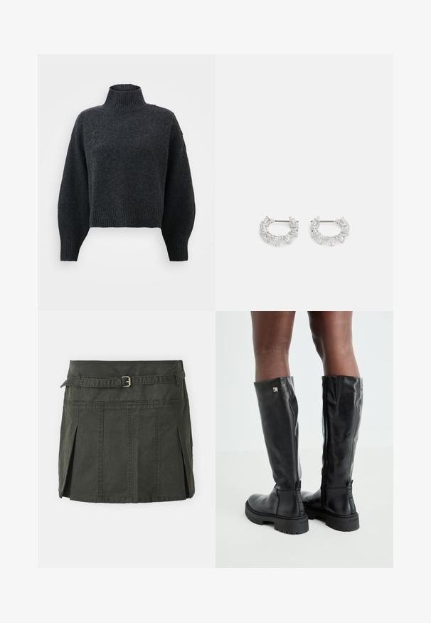 Donkergrijze cropped trui met een hoge geribbelde hals, brede mouwen en een getextureerde afwerking. Heeft knoopaccenten op de schouder.; Donkergroene, katoenen mini-jurk met een aansluitende taille, een riem en voorplooien. Bevat stikdetails en heeft een klassieke snit.; Zwarte leren kniehoge laarzen met een gladde textuur, ronde neus, stevige zool en ritssluiting. Voorzien van een zilveren logo aan de zijkant.; Zilveren oorbellen met ringen, versierd met heldere, rechthoekige en driehoekige kristallen die in een patroon zijn gerangschikt. Met gevest voor een veilige bevestiging.