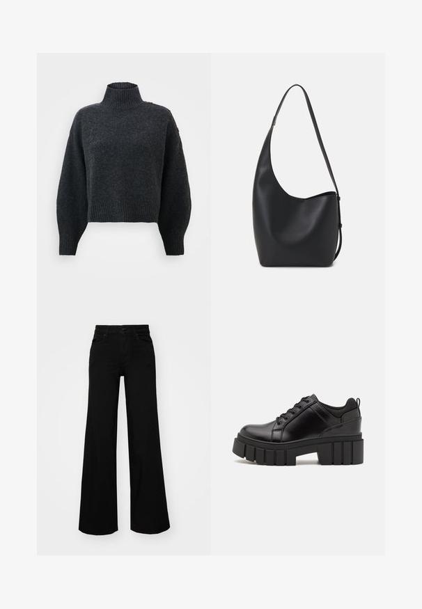 Dark gray cropped sweater with a high ribbed neck, wide sleeves, and a textured finish. Features button accents on the shoulder.; Black wide-leg pants made of denim, featuring a structured waistband, belt loops, and front pockets. Smooth texture with a classic design.; Black leather platform shoes with a chunky block heel, round toe, and traditional lace-up design. Features smooth texture and minimal detailing.; Black leather hobo bag with a smooth texture, curved shape, and single adjustable strap; features a wide opening at the top.