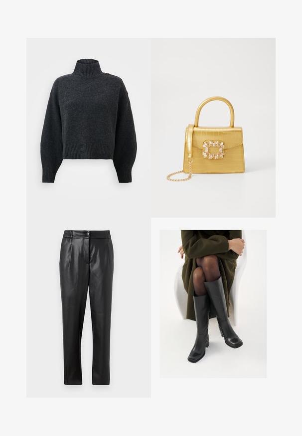 Mørkegrå cropped sweater med høj ribbet hals, brede ærmer og en struktureret overflade. Har knapdetaljer på skulderen.; Sorte læderbukser med en glat tekstur, lige pasform, elastisk talje og en lynlåslukning foran; plisserede detaljer og tætsiddende ben.; Knæhøje sorte læder støvler med firkantet tå og blokhæl, vist med en model siddende i en olivengrøn frakke. Glat tekstur, minimal detaljer.; Gul faux-krokodille skuldertaske med struktureret design, top-håndtag, aftagelig kædetraske og dekorativ krystaldekoration på låsen.