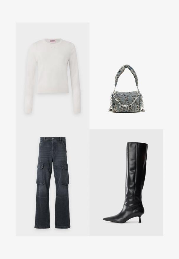 Bela dolga majica z dolgimi rokavi in krožnim ovratnikom. Narejena iz mehkega materiala. Na prsih ima majhen, diskreten logotip. Preprost, minimalističen dizajn.; Temno sivi cargo hlače iz denima, z dvema stranskima žepoma in širokim krojem. Šivani detajli ob šivih in robovih.; Črne usnjene škornje do kolen z ozkim nosom in vitkim, ukrivljenim peto. Gladka tekstura, prilegajoč dizajn in brez vidnih dodatkov ali vzorcev.; Denim torba z rokavicami, modre barve, kratka pletena ročica in srebrna verižica z značilnostjo metalnih črk blagovne znamke.