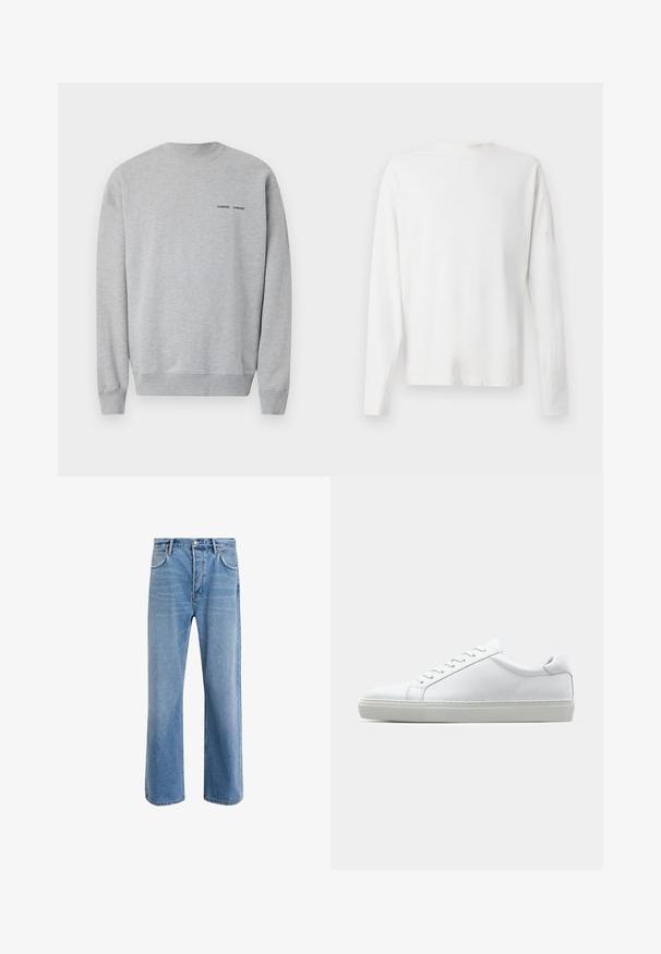 Grå sweatshirt i bomullsblanding, med ribbestrikket hals og mansjetter. Lite svart logotekst på brystet. Glatt tekstur og avslappet passform.; Langermet hvit bomullsskjorte med rund hals, sidespalter nederst og en jevn tekstur, vist fra baksiden.; Lys blå denimjeans med rett ben-design, fem lommer, knappeåpning, minimal falming og kontrasterende sømdetaljer.; Hvit sneakers med en glatt skinnoverdel og lav profil. Har en rund tå, seks snøring hull, og en teksturert gummisåle.