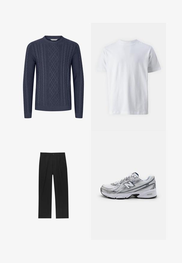 Pulover tricotat de culoare bleu marin, cu modele de cabluri texturate, guler rotund și manșete și tiv rib. Fabricat dintr-un material moale și durabil.; Tricou alb cu mânecă scurtă, confecționat din bumbac, cu decolteu în formă de cerc și o textură netedă, cu croială dreaptă și fără modele.; Pantaloni negri cu un design drept, fabricați dintr-un material neted. Au plisse în față și un sistem de închidere cu un singur buton la talie.; Pantofii sport New Balance, cu un exterior din plasă, predominant alba cu accente gri și bleumarin, având o talpă cu amortizare și detalii texturate.