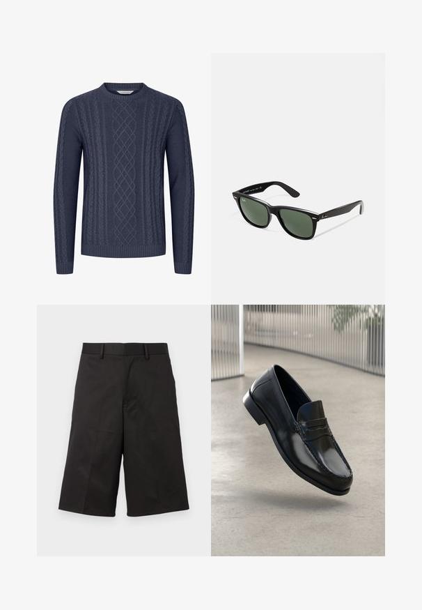 Sötétkék kötött pulóver texturált zsinórmintákkal, kereknyakú, bordázott mandzsettákkal és aljjal. Puha, tartós anyagból készült.; Fekete, fazonra szabott nadrág, sima anyagból készült, lapos elülső résszel, övhurkokkal és egyenes, rövid szárakkal.; Fekete bőr mokaszinok sima felülettel, lekerekített orral, díszítő varrással és enyhén megemelt talppal.; Fekete műanyag napszemüveg zöld lencsékkel, négyzet alakú kerettel, ezüst díszítéssel a keret felső részén, valamint texturált szárakkal. A márka neve a belső száron található.