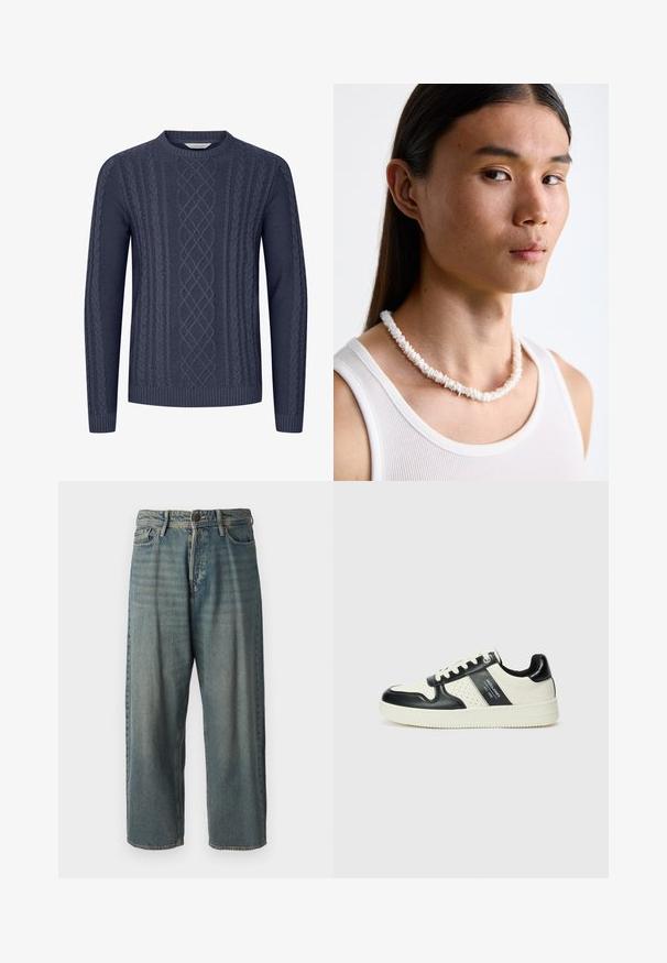 Mornarsko modra pletena pulover s teksturiranimi kabelskimi vzorci, okroglim izrezom in rebrastimi manšetami ter robom. Narejen iz mehke, trpežne tkanine.; Svetlomoderne kavbojke z ohlapnim krojem, srednjim pasom in ravnimi nogami. Imajo pet žepov, zanke za pas in zapiranje na gumb.; Usnjeni športni čevlji z črno in krem barvno shemo, ki vključujejo perforirane dodatke, podložen ovratnik in strukturirano podplat.; Bela ogrlica iz školjki, sastavljena od nepravilnih oblika, nošena preko pripijenog bijelog topa. S smooth teksturom i suptilnim sjajem, blisko prilagođenog dizajna.