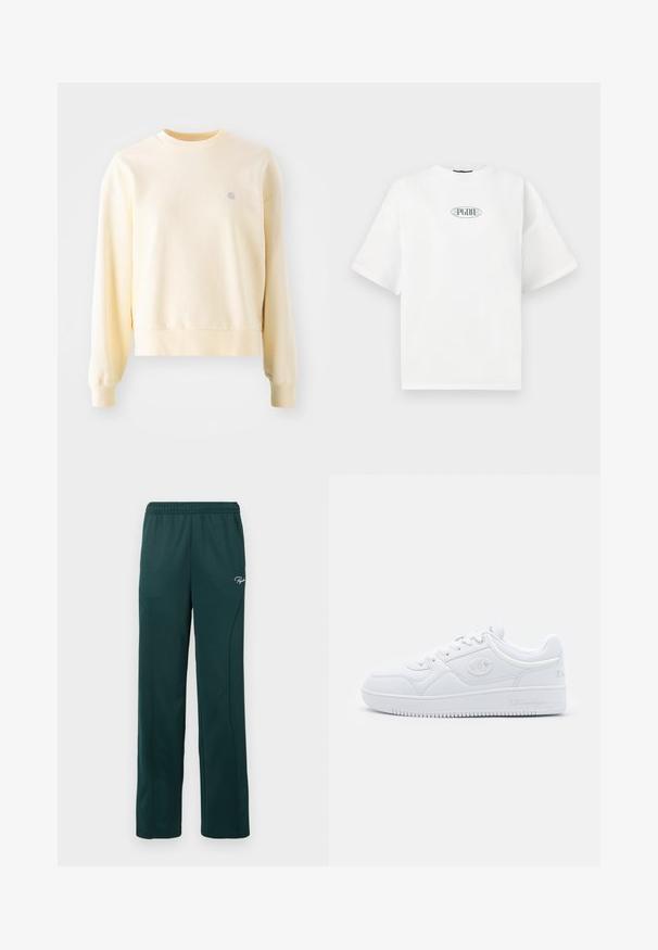 Felpa gialla chiara con maniche lunghe, scollo rotondo, polsini a coste e un piccolo logo sul petto. Realizzata in un tessuto morbido e texturizzato.; T-shirt bianco a maniche corte in cotone, con un logo grafico verde all'interno di una forma ovale al centro del petto.; Pantaloni della tuta verde scuro realizzati in tessuto morbido, dotati di una vita elasticizzata e cuciture laterali, con un piccolo logo sulla parte anteriore.; Sneaker bianco realizzato in materiale sintetico liscio, con punta rotonda, suola piatta e sottili accenti del logo sui lati. Design classico low-top.