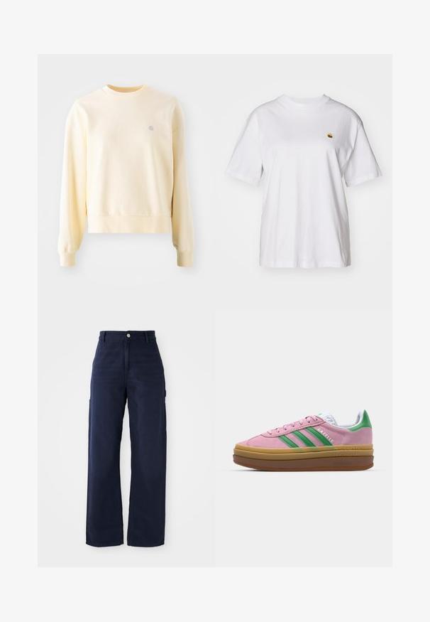 Vaaleankeltainen pitkähihainen collegepaita, jossa on pyöreä kaula-aukko, ribbireunat hihansuissa ja pieni logo rinnassa. Valmistettu pehmeästä, teksturoidusta kankaasta.; Valkoinen puuvillapaita rentoa istuvuutta, lyhyet hihat ja pieni kirjailtu logo vasemmassa rinta-alueessa.; Laivastonsininen, leveälahkeinen cargo-housu, jossa on kestävä puuvillakangas, sivutaskut ja nappikiinnitys vyötäröllä.; Vaaleanpunaiset mokkanahkakengät, joissa on vihreät raidat, valkoiset yksityiskohdat ja ruskea kumipohja. Sisältää tekstuurillista kangasta ja logoyksityiskohtia sivulla.