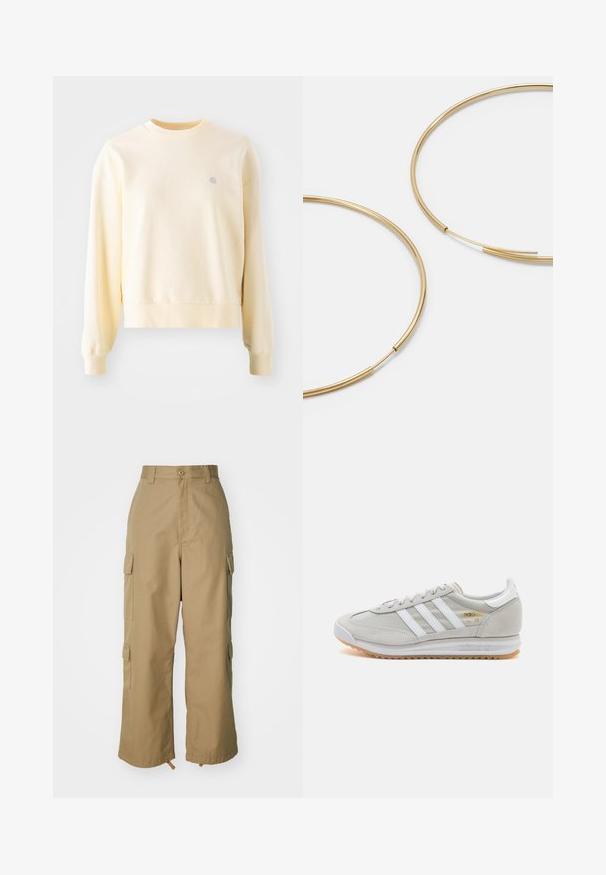 Felpa gialla chiara con maniche lunghe, scollo rotondo, polsini a coste e un piccolo logo sul petto. Realizzata in un tessuto morbido e texturizzato.; Pantaloni cargo beige con vita alta, gamba ampia e quattro grandi tasche laterali. Realizzati in un tessuto resistente con una texture liscia e dettagli minimi.; Sneaker grigio chiaro realizzato in suede e rete, con tre strisce bianche, punta arrotondata e suola in gomma color caramello. Accento del logo dorato vicino ai lacci.; Orecchini a cerchio color oro, sottili e rotondi, con una finitura metallica liscia e senza decorazioni o motivi.