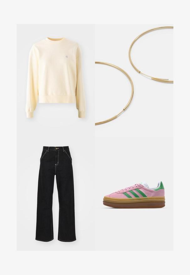 Lichtgele sweatshirt met lange mouwen, ronde hals, ribgebreide manchetten en een klein logo op de borst. Gemaakt van zachte, gestructureerde stof.; Zwarte wijde jeans van denim, met contrasterende witte stiksels en een sluiting met knoop aan de voorkant, voorzien van twee schuin geplaatste zakken aan de voorkant.; Roze suede sneakers met groene strepen, witte accenten en een bruine rubberen zool. Heeft een gestructureerde stof en logodetails aan de zijkant.; Gouden oorringen, dun en rond van vorm, met een gladde metallic afwerking en zonder versieringen of patronen.