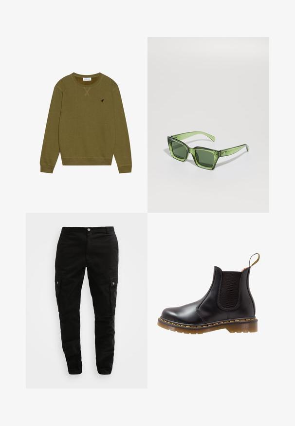 Pier One Felpa - khaki; Pantaloni cargo neri realizzati in tessuto resistente, con tasche laterali, chiusura a bottone e design slim fit. Texture liscia con dettagli minimi.; Stivale Chelsea in pelle nera con pannelli elastici laterali, cuciture gialle e suola in gomma testurizzata. Presenta un tassello per un facile indossamento.; Occhiali da sole rettangolari verdi con lenti scure e solide, montatura spessa e trasparente, e una leggera finitura lucida. Dettagli sui templi.