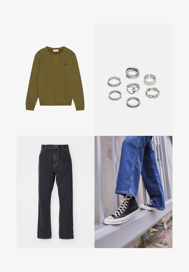 Pier One Sweatshirt - khaki; Svarta denimjeans med rak passform, som har dragkedja, fem fickor och kontrastsydd längs sömmarna.; Svarta högskurna sneakers med vit sula och snören, tillsammans med lösa blå jeans, vilande på ett grått räcke.; Set med sju silverringar med olika mönster, inklusive vridna, länkade och graverade mönster. Olika former och bredder.