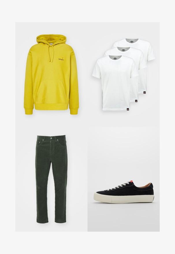 Yellow hooded sweatshirt made of cotton blend. Features a front kangaroo pocket, ribbed cuffs, and a small logo on the chest.; Three plain white cotton t-shirts with short sleeves. Each shirt features a round neckline and a small black logo tag on the left side.; Green corduroy pants with a straight-leg design, featuring five pockets, metal button closure, and textured ribbed surface.; Black fabric sneaker with white laces, beige rubber sole, and red accent at the heel. Rounded toe and minimal stitching detail.