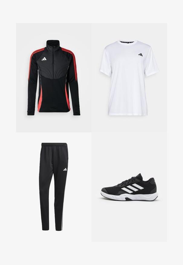 adidas Performance TIRO24 WINTERIZED - Mikina - black/shock red; Bílý sportovní tričko s krátkými rukávy, vyrobené z materiálu odvádějícího vlhkost. Na levé straně hrudi se nachází černé logo a vnitřní límec je vzorovaný.; Černé sportovní kalhoty s elastickým pasem, bílými bočními pruhy a malým bílým logem na stehně. Vyrobené z hladkého, lehkého materiálu.; Černé sportovní boty s texturovaným síťovaným svrškem, bílými akcentními pruhy, polstrovanou podrážkou a vyztuženým patem pro podporu.
