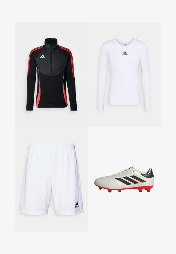 adidas Performance TIRO24 WINTERIZED - Felpa - black/shock red; Maglietta atletica bianca a maniche lunghe realizzata in materiale morbido con logo Adidas nero sul petto; design a V e forma aderente.; Pantaloni sportivi bianchi con vita elastica, realizzati in un tessuto liscio. Presentano un logo Adidas nero sul lato sinistro in basso.; Scarpa da calcio bianca con accenti neri e suola rossa. Presenta tre strisce nere sul lato e una tomaia liscia e testurizzata.
