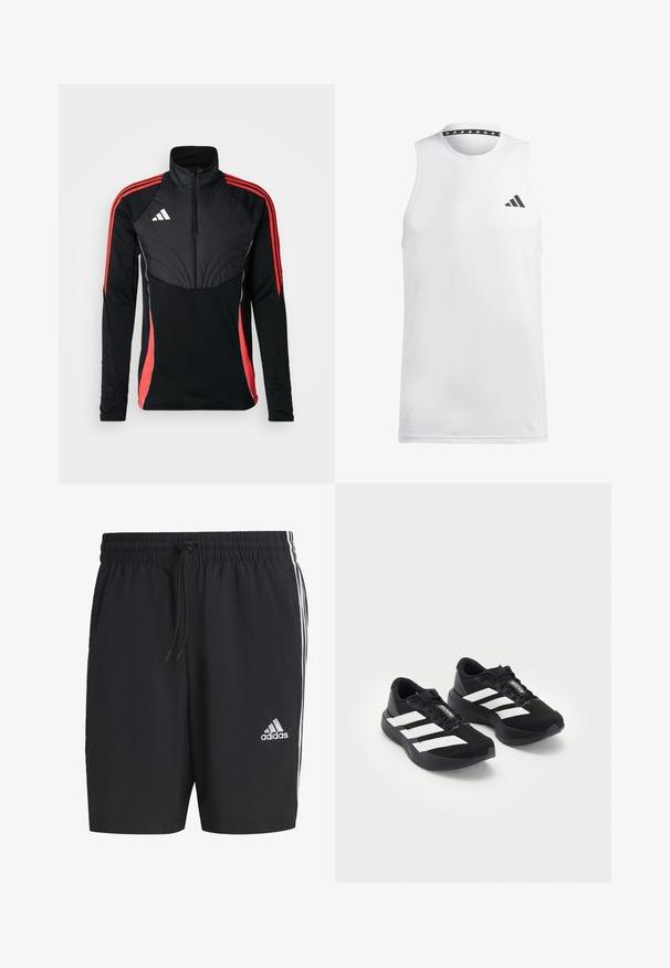 adidas Performance - Bluza; Biała bezrękawnik sportowy wykonany z gładkiego materiału. Posiada czarne logo na lewej piersi oraz wzorzysty czarny dekolt.; Czarne spodenki sportowe wykonane z lekkiego materiału, z elastycznym pasem na sznurki, bocznymi paskami i białym logo na dolnej lewej części przodu.; Para czarnych butów do biegania Adidas Adizero z białymi paskami i sznurówkami na białym tle, ustawionych obok siebie.