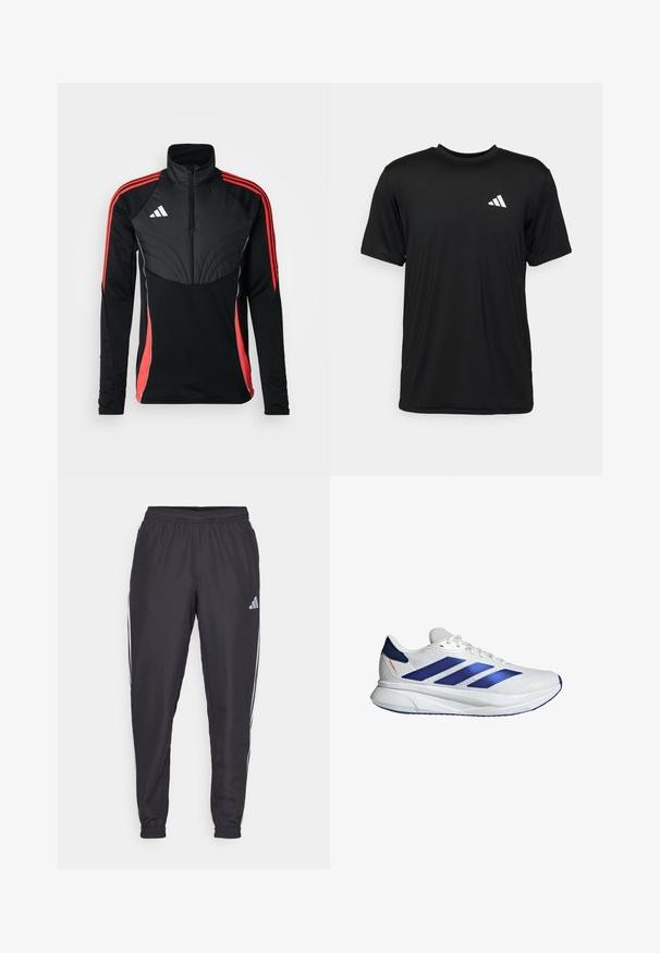 adidas Performance TIRO24 WINTERIZED - Felpa - black/shock red; T-shirt nera a maniche corte realizzata in un tessuto leggero e traspirante. Presenta un logo bianco nella parte superiore sinistra del petto.; Pantaloni sportivi neri con cintura elastica, dotati di strisce bianche lungo i lati e un piccolo logo sull'anca. Tessuto liscio.; Scarpe da ginnastica bianche con accenti blu, tomaia in rete, tre strisce blu, punta arrotondata, suola leggera e superficie texturizzata per una migliore aderenza.