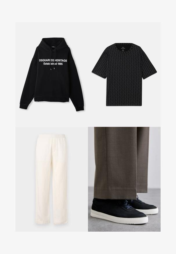 Črna flis kapuca z osrednjim belim grafičnim besedilom "DSQUARED2 HERITAGE Ustanovljeno 1995." Ima sprednji žep in kapuco s vrvico.; Črna majica s kratkimi rokavi, ki vsebuje teksturiran vzorec iz izmeničnih logotipov 'A', z okroglim izrezom. Narejena iz lahkega materiala.; Lahki, smetano obarvane hlače z elastičnim pasom, naravnim krojem nogavic in subtilno teksturo. Brez vidnih žepov.; Črne nubuk teniske z belimi gumijastimi podplati, ki imajo zaobljen nos in vezalke, oblečene z sivimi krojenimi hlačami.