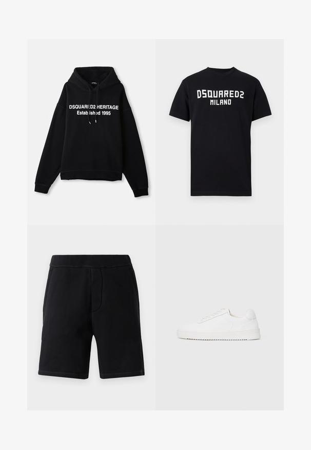 Sort fleece-hoodie med en central hvid grafisk tekst, der læser "DSQUARED2 HERITAGE Established 1995." Har en frontlomme og snøre i hætten.; Sort kortærmet T-shirt med hvid "DSQUARED2 MILANO" tekst centreret på brystet, rund hals og lige kant.; Sorte sportsshorts lavet af blødt materiale; har et elastisk taljebånd, to sidelommer og kontrasterende syninger.; Hvid sneaker med en glat læderoverdel, rund tå, snørebånd, teksturerede sideaccenter og en tyk gummisål. Minimalistisk design.