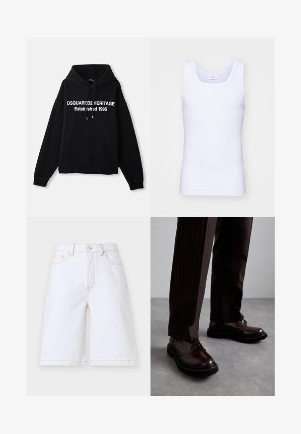 Melna polara ar centralu baltu grafiku ar tekstu "DSQUARED2 HERITAGE Dibināta 1995." Iespējama priekšējā kabata un kapuce ar auklu.; Balta kokvilnas bez piedurknēm tank top krekliņš ar apaļu kakla izgriezumu, ar gludu tekstūru un pieguļošu formu, paredzēts ikdienas valkāšanai.; Biezi balti džinsi šorti ar taisnu griezumu, pieciem kabatām un kontrastējošām brūnām šuvēm. Iekļauta priekšējā pogu un rāvējslēdzēja aizdare.; Brūni ādas šņorējami apavi ar spīdīgu apdari, melna gumijas zole un smalki satīti šuvumi. Valkāti ar svītrainām brūnām biksēm.