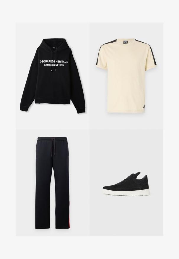 Zwarte fleece hoodie met een centraal wit grafisch tekst dat luidt "DSQUARED2 HERITAGE Established 1995." Bevat een voorkant zak en een trekkoord capuchon.; Korte mouwen, beige t-shirt gemaakt van katoen. Heeft zwarte accenten op de schouders en een klein logootje aan de onderlinkerkant.; Zwarte joggingbroek met een trekkoord in de taille, taps toelopende pijpen en rode accentstrepen aan de zijkanten. Zacht, rekbaar materiaal met een gladde textuur.; Zwarte suède sneakers met een witte rubberen zool, voorzien van tonale stiksels en een vetersluiting. Glad oppervlak met een moderne, gestroomlijnde vorm.