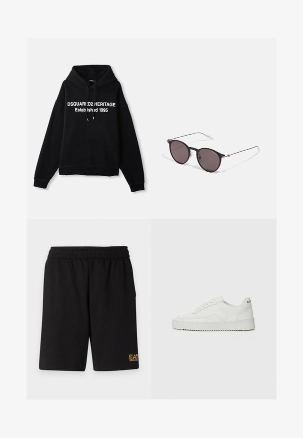 Schwarzer Fleece-Hoodie mit einem zentralen weißen Grafikslogan, der "DSQUARED2 HERITAGE Established 1995" liest. Verfügt über eine Fronttasche und eineKordelzugkapuze.; Schwarzes Baumwoll-T-Shirt mit Rundhalsausschnitt, kurzen Ärmeln und dem "EMPORIO ARMANI"-Logo in Weiß über dem geschwungenen Schriftzug "Milano".; Schwarze Sportshorts aus weichem Material, mit einem elastischen Bund und einem kleinen gelben EA7-Logo am unteren linken Bein.; Weiße Ledersneaker mit glatter Oberfläche, runder Zehenpartie, flachen Schnürsenkeln und strukturiertem Sohlenprofil. Mit einem dezenten Logo an der Ferse.; Schwarze runde Sonnenbrille mit dunklen Gläsern und schlanken Metallbügeln. Enthält klare Tempelspitzen und silberne Akzente am Scharnier. Minimalistisches Design.