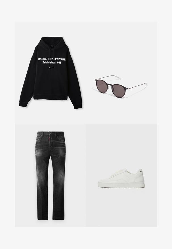 Černá fleecová mikina s kapucí s centrálním bílým grafickým textem "DSQUARED2 HERITAGE Established 1995." Má přední kapsu a kapuci se stahovací šňůrkou.; Černé bavlněné tričko s kulatým výstřihem, krátkými rukávy a logem "EMPORIO ARMANI" v bílém nad nápisem "Milano" v zakřiveném provedení.; Černé džíny z denimu se rovnými nohavicemi. Obsahují vybledlé oblasti, drobné poškození, klasický pětikapsový design a zapínání na knoflík.; Bílé kožené tenisky s hladkým povrchem, kulatou špičkou, plochými tkaničkami a texturovanou podrážkou. Na patě se nachází nenápadné logo.; Černé kulaté sluneční brýle s tmavými skly a tenkými kovovými nohami. Obsahují průhledné koncovky nožiček a stříbrné akcenty na pantu. Minimalistický design.