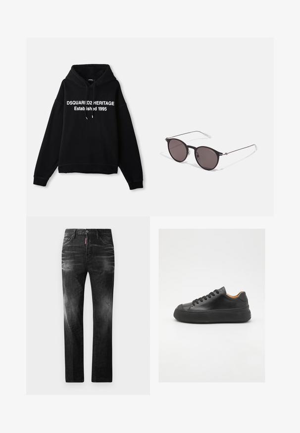 Felpa nera con cappuccio in pile, con una grafica centrale di testo bianco che recita "DSQUARED2 HERITAGE Fondato 1995." Presenta una tasca frontale e un cappuccio regolabile con cordoncino.; T-shirt in cotone nero con scollatura rotonda, maniche corte e logo "EMPORIO ARMANI" in bianco sopra "Milano" in una disposizione curva.; Jeans in denim nero con vestibilità dritta. Presentano aree sbiadite, leggeri segni di usura, classico design a cinque tasche e chiusura con bottone.; Sneaker in pelle nera con punta tonda, allacciatura frontale, superficie liscia, suola in gomma spessa e interno a contrasto color nocciola.; Occhiali da sole neri rotondi con lenti scure e sottili bracci in metallo. Include punte trasparenti e accenti argentati alla cerniera. Design minimalista.