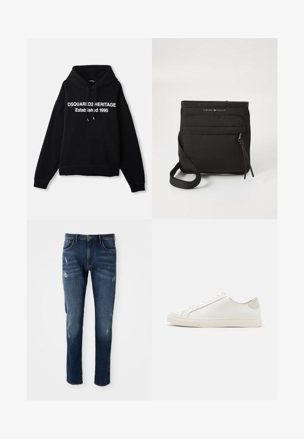 Must musta taga musta tõmblukuga kapuutsiga, millel on keskne valge graafik, mis ütleb "DSQUARED2 HERITAGE Asutatud 1995." Omab eesmist taskut ja reguleeritavat kapuutsi.; Tumed sinised teksad kitsas lõikega, kerge kulumine reitel ja põlvili, klassikaline viie tasku disain ja nupuga kinnitus.; Valge nahast sneaker, millel on sile pind, ümar varvas ja minimalistlik disain. Omab beeže aktsente kontsas ja kummist tallat.; Must musta Emporio Armani ristiõla kott, millel on eesne lukuga tasku, reguleeritav rihm ja logo detail tekstureeritud kangal.