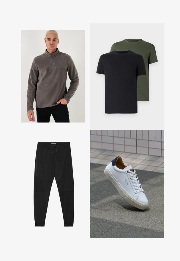 Pullover din flaus gri cu guler cu fermoar pe un sfert, mâneci lungi și o textură netedă. Accentuat cu o cusătură simplă pe piept.; Două tricouri cu guler rotund, unul negru și unul verde măsliniu, realizate dintr-un material de bumbac moale. Designul este simplu, cu mâneci scurte și tăietură dreaptă.; Pantaloni atletici negri dintr-un material texturat, cu un talie ajustabilă, buzunar lateral cu fermoar și mansete tapered.; Adidași din piele albă cu călcâi bleumarin, vârf rotund și accente contrastante de culoare maro. Dispun de șireturi plate și talpă din cauciuc texturat.