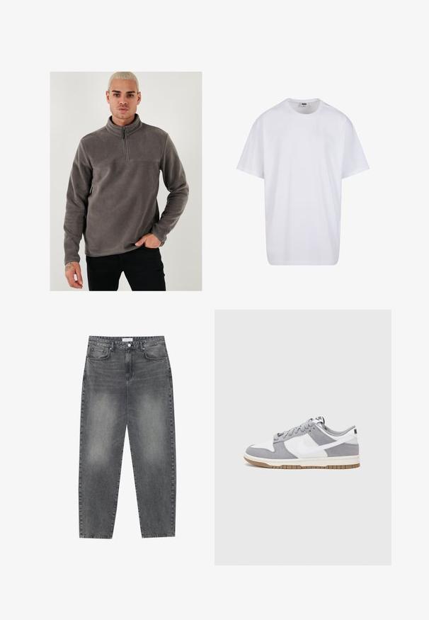 Grauer Fleece-Pullover mit einem Viertelreißverschluss-Kragen, langen Ärmeln und einer glatten Textur. Mit einer einfachen Naht über der Brust akzentuiert.; Weiße Baumwoll-T-Shirt mit kurzen Ärmeln, rundem Ausschnitt, lockerer Passform und ohne sichtbare Logos oder Muster. Glatte Textur und minimalistisches Design.; Hoch taillierte, locker sitzende Jeans aus verwaschenem schwarzem Denim. Verfügt über fünf Taschen, Gürtelschlaufen und ein sauberes, gerades Bein-Design.; Graue und weiße Sneaker mit einem Obermaterial aus Wildleder und Leder, abgerundeter Spitze, flachen Schnürsenkeln und einer Gummisohle mit einem Kautschukakzent.