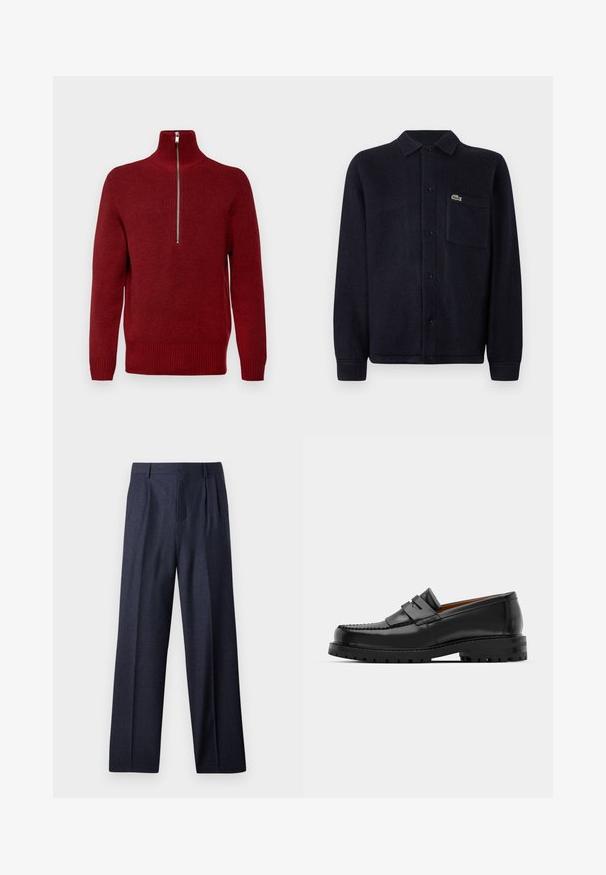 Pull à col zippé rouge avec un motif tricot texturé, manches longues, poignets et ourlet côtelés, doté d'une fermeture éclair argentée au col.; Veste en tissu texturé bleu marine, fabriquée en matériau doux, avec un col, une fermeture à boutons sur le devant, des manches longues et une poche cousue avec un logo.; Pantalons en laine bleu marine avec une coupe ajustée, présentant un devant plissé et des jambes larges. Texture lisse et lignes épurées, adaptés aux occasions formelles.; Des mocassins en cuir noir présentent une couture surélevée, deux sangles décoratives sur le dessus et une semelle épaisse et texturée pour une meilleure adhérence.
