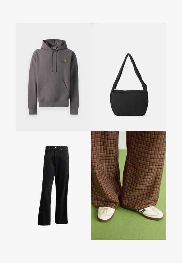Pilkas gobtuvas, pagamintas iš minkštos medžiagos, su priekyje esančia kišene, reguliuojamu raiščiu ir mažyte siuvinėta logotipo detalė krūtinėje.; Juodi džinsai su tiesiu siluetu, turintys priekinius kišenes, mygtukų užtrauktuką ir šiek tiek tekstūros. Įtraukta subtili logotipo detalė.; Rudos ir mėlynos langelinės plačios kelnės, derinamos su baltais batais su juodais akcentais ir tekstūruotais padais, prieš žalią foną.; Juodas pečių krepšys su paminkštinta tekstūra, apvalia forma ir plačia juostele, su iškilminiu logotipu priekyje.