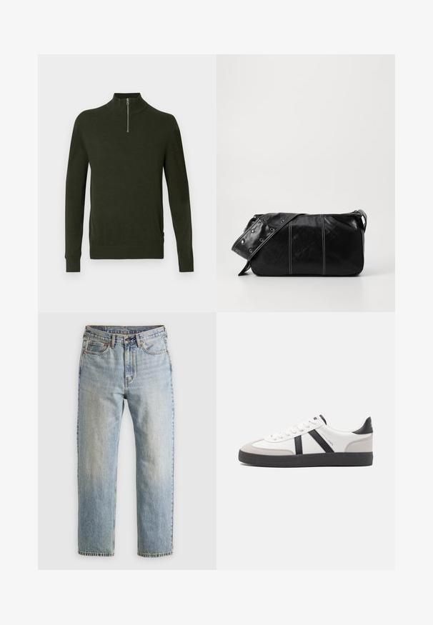 Dunkelgrüner Pullover mit hochgeschlossenem Kragen und einem Halbzip-Verschluss. Hergestellt aus einem weichen, strukturierten Material. Mit gerippten Bündchen und Saum.; Helle blaue Jeans mit hoher Taille, Frontknopf, Reißverschluss und fünf Taschen-Design, flach auf einem neutralen Hintergrund ausgelegt.; Weiße Sneaker mit schwarz- und grau-aczenten, ausgestattet mit einer strukturierten grauen Zehenkappe, schwarzer Gummi-Sohle und flachen weißen Schnürsenkeln. Sauberes Design, minimalistische Stil.; Schwarze Leder Schultertasche mit Reißverschluss, ausgestattet mit einer strukturierten Oberfläche, weißen Nähten und einem Tragegurt mit silbernen Ösen.