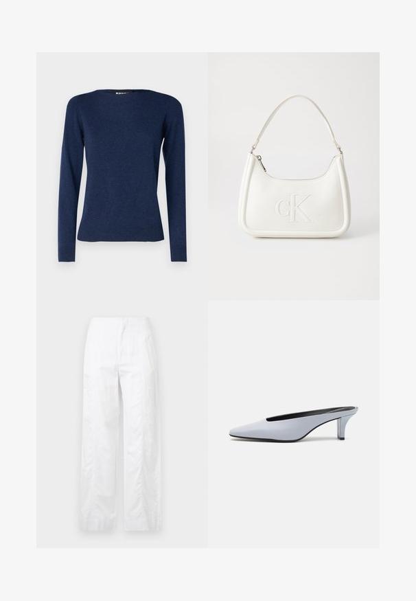 Repeat Maglione - night; Pantaloni bianchi a gamba larga realizzati in tessuto leggero, con una texture liscia, linee pulite e un design a vita alta.; Mule in pelle lucida blu chiaro con punta affusolata, tacco trasparente basso e design elegante caratterizzato da un'apertura sulla parte superiore.; Borsa a tracolla in pelle bianca con forma curva, dotata di un logo "CK" impresso sul davanti e una singola tracolla. Chiusura a zip nella parte superiore.