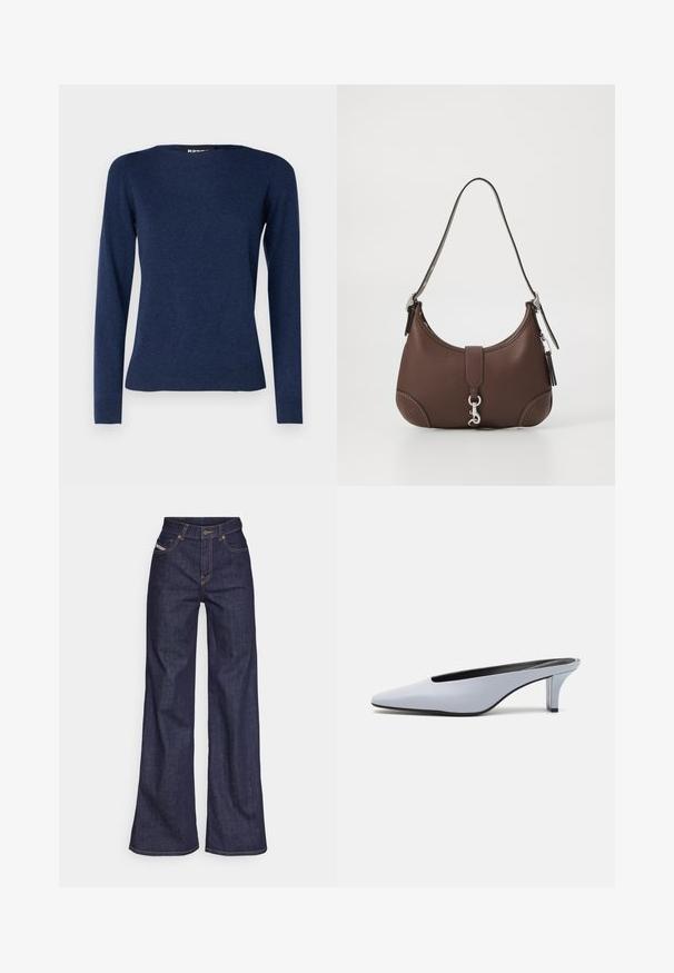 Repeat Jumper - night; Dark blue wide-leg jeans in denim fabric with a high waist, featuring orange stitching, five-pocket design, and a button closure.; Light blue patent leather mule with a pointed toe, low transparent heel, and a sleek design featuring a cut-out at the vamp.; Brown leather handbag with a rounded shape, silver hardware, and decorative stitching. Features a shoulder strap and clasp closure.