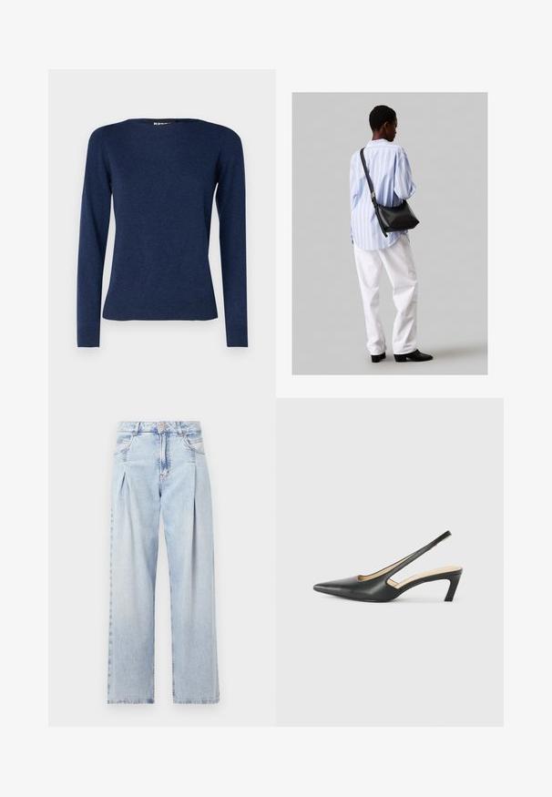 Repeat Džemper - night; Heledad sinise denimist valmistatud teksapüksid kõrge vöökohaga, laia jala lõikega, kahe külje taskuga ja pleedi disainiga. Pehme tekstuur ja pleekinud viimistlus.; Must mustaga, terav varvas, madala kontsaga sildiga king, mis on valmistatud siledast nahast ja mille küljel on lõike disain hingavuse tagamiseks.; Must have mustras alasi nahkpatsi, pehme tekstuuriga, kolmnurkse kujuga ja reguleeritava rihmaga, koos helesinise triibulise särgi ja valgete pükstega.