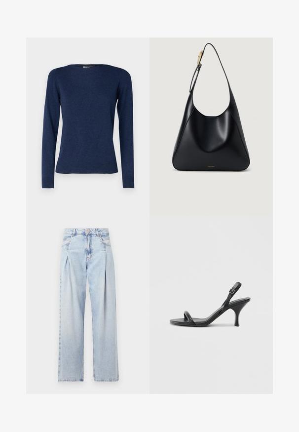 Repeat Džemperis - night; Šviesiai mėlyni džinsai su aukštu liemeniu, plačiomis kojomis, dviem šoninėmis kišenėmis ir raukinių dizainu. Minkšta tekstūra su nudilusia apdaila.; Juodos odinės aukštakulnės šlepetės su plonu, kreiviu kulnu ir kryžminiu dirželio dizainu. Reguliuojamas kulkšnies dirželis. Lygus paviršius.; Juodas odinis pečių krepšys su lygiu paviršiumi, kreiviu siluetu ir auksinės spalvos detalėmis. Pagrindinėje dalyje yra išgraviruotas prekės ženklo logo.