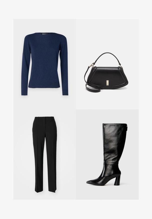 Repeat Strickpullover - night; Schwarze, taillierte Hose mit geradem Bein, aus einem glatten Stoff und mit klaren Falten an der Vorderseite. Keine sichtbare Hardware.; Knöchelhohe schwarze Lederstiefel mit einer spitzen Zehe, glatter Oberfläche und einem klobigen Absatz. Verfügt über einen Reißverschluss hinten.; Schwarze Lederhandtasche mit einem strukturierten Design, das eine verkürzte Form, einen oberen Griff und goldfarbene Hardware-Details aufweist. Verstellbarer Schulterriemen ist enthalten.