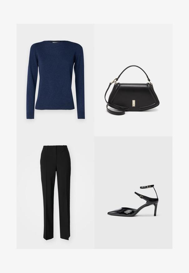 Repeat Trui - night; Zwarte op maat gemaakte broek met een recht model, voorzien van een soepele textuur en scherpe plooien aan de voorkant. Geen zichtbare hardware.; Zwarte laarzen van gepatenteerd leer met een spitse neus, verstelbare enkelbandjes en een slanke hak. Gladde textuur met een glanzende afwerking.; Zwarte leren handtas met een gestructureerd ontwerp, featuring een verkorte vorm, bovenhandvat en gouden hardwareaccent. Inclusief verstelbare schouderband.