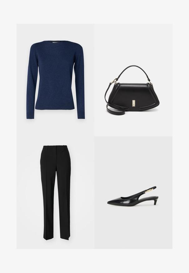 Repeat Jumper - night; Black tailored trousers with a straight-leg design, featuring a smooth texture and crisp creases along the front. No visible hardware.; Black leather slingback heels with a pointed toe, featuring a slim heel and a gold-tone accent on the adjustable strap. Smooth texture.; Black leather handbag with a structured design, featuring a cropped shape, top handle, and gold hardware accent. Adjustable shoulder strap included.