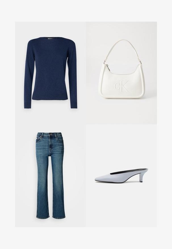 Repeat Strickpullover - night; Hochtaillierte blaue Jeans aus Denim mit geradem Bein, dezentem Verblassen und einem standardmäßigen Knopf- und Reißverschluss.; Helles blaues Lackleder-Mule mit spitzem Zehenbereich, niedrigem transparentem Absatz und einem eleganten Design, das einen Ausschnitt im Vorderblatt aufweist.; Weiße Lederhandtasche mit abgerundeter Form, ausgestattet mit einem geprägten "CK"-Logo auf der Vorderseite und einem Einzel-Schultergurt. Reißverschluss oben.
