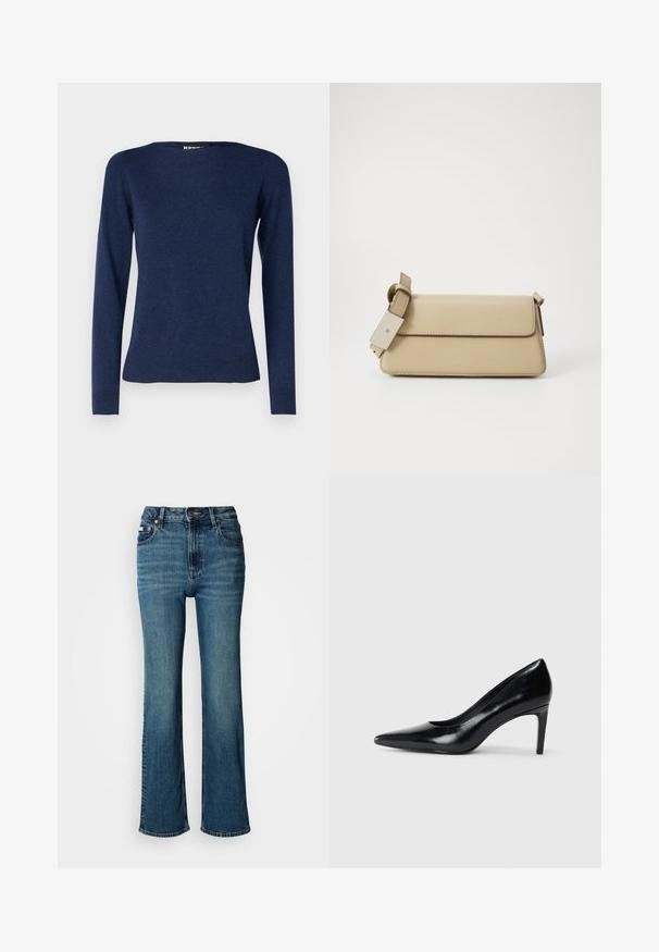 Repeat Strickpullover - night; Hochtaillierte blaue Jeans aus Denim mit geradem Bein, dezentem Verblassen und einem standardmäßigen Knopf- und Reißverschluss.; Schwarzer Lederhochschuh mit spitzem Zehenbereich, glatter Textur und schmalem Absatz. Minimalistisches Design, keine zusätzlichen Verzierungen.; Beige Handtasche aus Kunstleder mit Klappenverschluss, verstellbarem Tragegurt und minimalistischer Gestaltung. Besitzt dezente Nähte und geprägtes Branding.