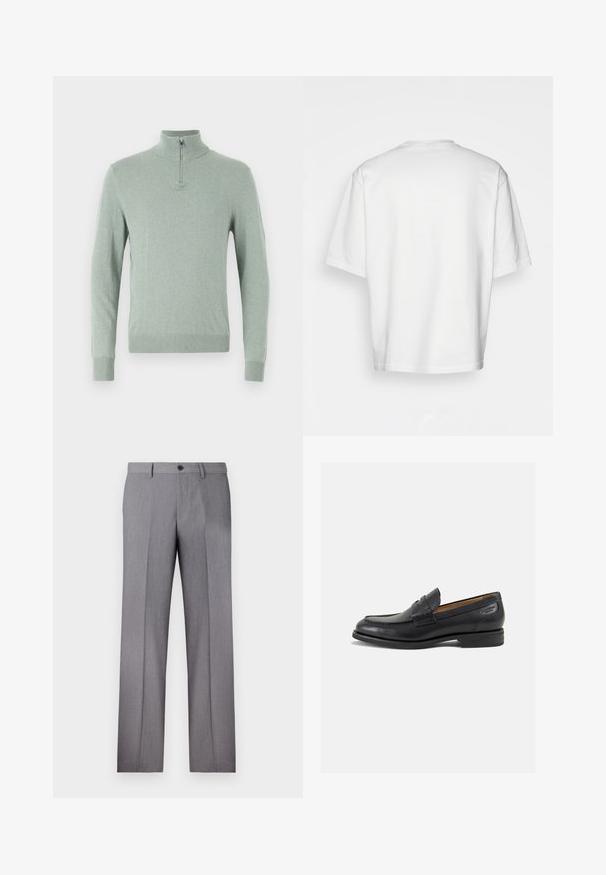 Fitted svetr s dlouhým rukávem ve světle zelené barvě, s vysokým límcem a čtvrtinovým zipem, žebrovaným lemem a manžetami, vyrobený z měkkého pleteného materiálu.; Bílý krátký rukáv tričko, volný střih, kulatý výstřih, hladká bavlněná tkanina, nezdobený zadní díl, rovný lem, žádné vzory ani akcenty.; Šedé kalhoty s rovnými nohavicemi, dvěma postranními kapsami a zapínáním na jeden knoflík. Hladká textura s jemným proužkovaným vzorem.; Černé kožené mokasíny s hladkým povrchem, zaoblenou špičkou a dekorativním prošíváním na svršku. Nízký podpatka a mírný lesk.