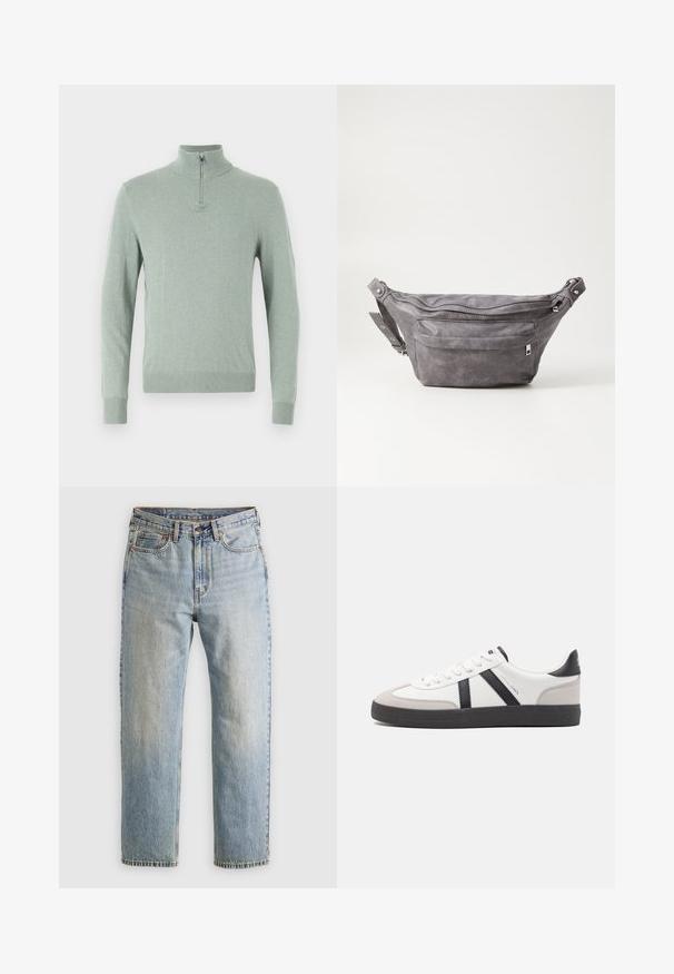 Figurbetonter Pullover mit langen Ärmeln in Hellgrün, ausgestattet mit einem hohen Kragen und einem Viertelreißverschluss, geripptem Saum und Bündchen, aus einem weichen Strickmaterial gefertigt.; Helle blaue Jeans mit hoher Taille, Frontknopf, Reißverschluss und fünf Taschen-Design, flach auf einem neutralen Hintergrund ausgelegt.; Weiße Sneaker mit schwarz- und grau-aczenten, ausgestattet mit einer strukturierten grauen Zehenkappe, schwarzer Gummi-Sohle und flachen weißen Schnürsenkeln. Sauberes Design, minimalistische Stil.; Graue Wildleder-Gürteltasche mit runder Form, zwei mit Reißverschluss verschlossenen Fächern und verstellbarem Trageriemen. Mit metallischen Hardware-Akzenten.