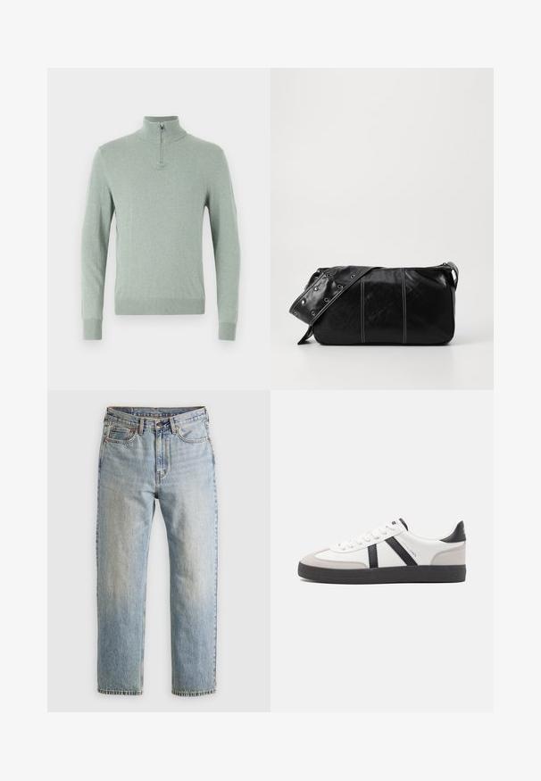 Fitted long-sleeve sweater in light green, featuring a high collar with a quarter zip, ribbed hem, and cuffs, made from a soft knit material.; Light blue denim jeans with high waist, front button, zipper, and five-pocket design, laid flat on a neutral background.; White sneaker with black and gray accents, featuring a textured gray toe cap, black rubber sole, and flat white laces. Clean design, minimalist style.; Black leather shoulder bag with a zip closure, featuring a textured body, white stitching, and a strap with silver grommets.