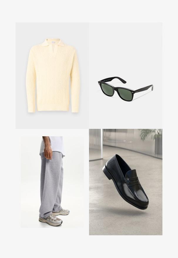 Maglione color crema con un motivo a maglia texturizzato, un profondo scollo a V e un design con colletto. Le maniche a coste e l'orlo accentuano lo stile.; Camicia bianca a maniche lunghe con bottoni, realizzata in un tessuto liscio. Caratterizzata da un colletto classico, bottoni frontali e polsini con un bottone. Design slim fit.; Pantaloni sportivi grigi realizzati in tessuto morbido, con una vestibilità ampia e una cintura elastica. Abbinati a scarpe da ginnastica beige e grigie.; Mocassini neri in pelle con finitura liscia, punta arrotondata, cuciture decorative e suola leggermente rialzata.; Occhiali da sole in plastica nera con lenti verdi, montatura quadrata, dettaglio argento sulla parte superiore e steli con texture. Marchio indicato sulla parte interna dello stelo.